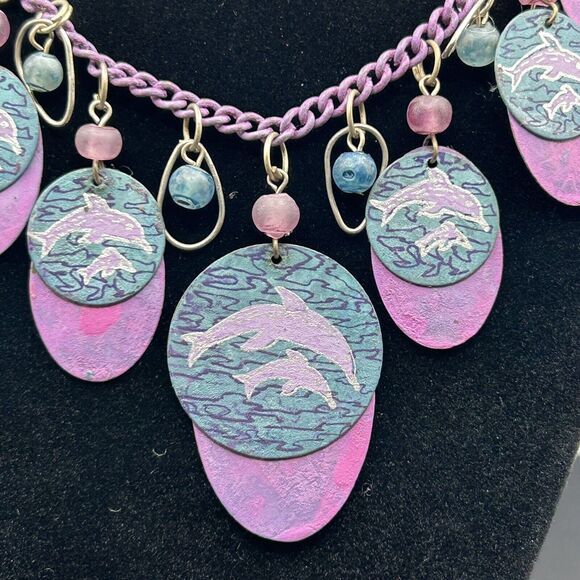 Vintage Turquoise Purple Metal Dangles Chain Dolphin Necklace Dangle Earrings - Picture 2 of 14